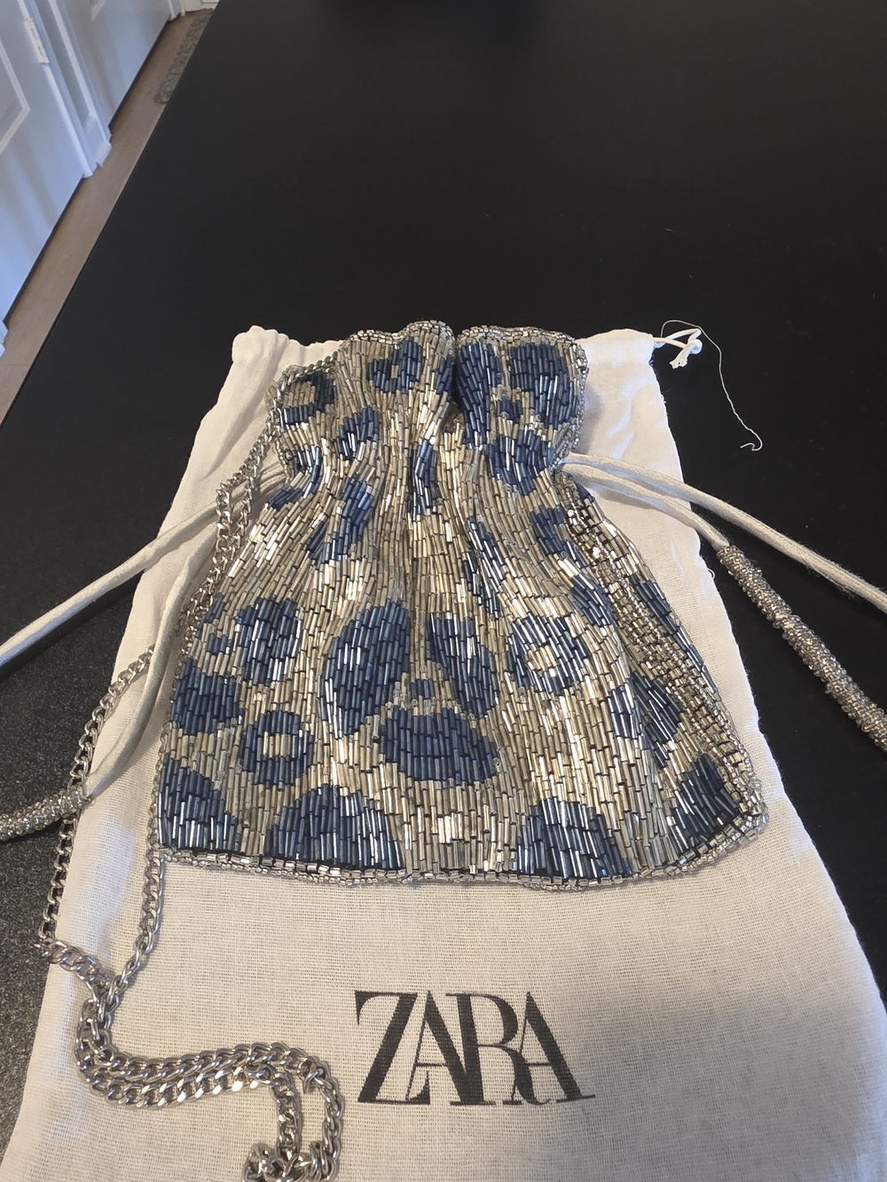ZARA Silver Beaded Drawstring Crossbody Bag with Blue Accent